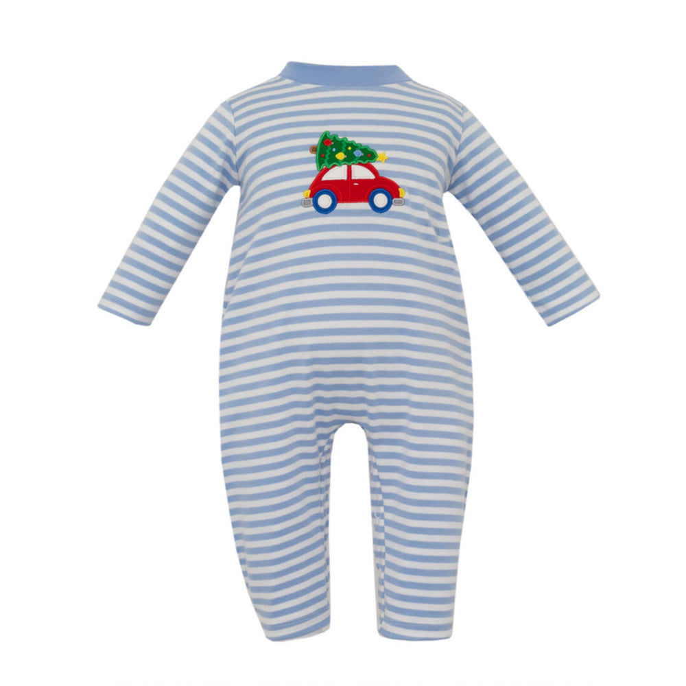 Christmas Tree Car Blue Knit Romper