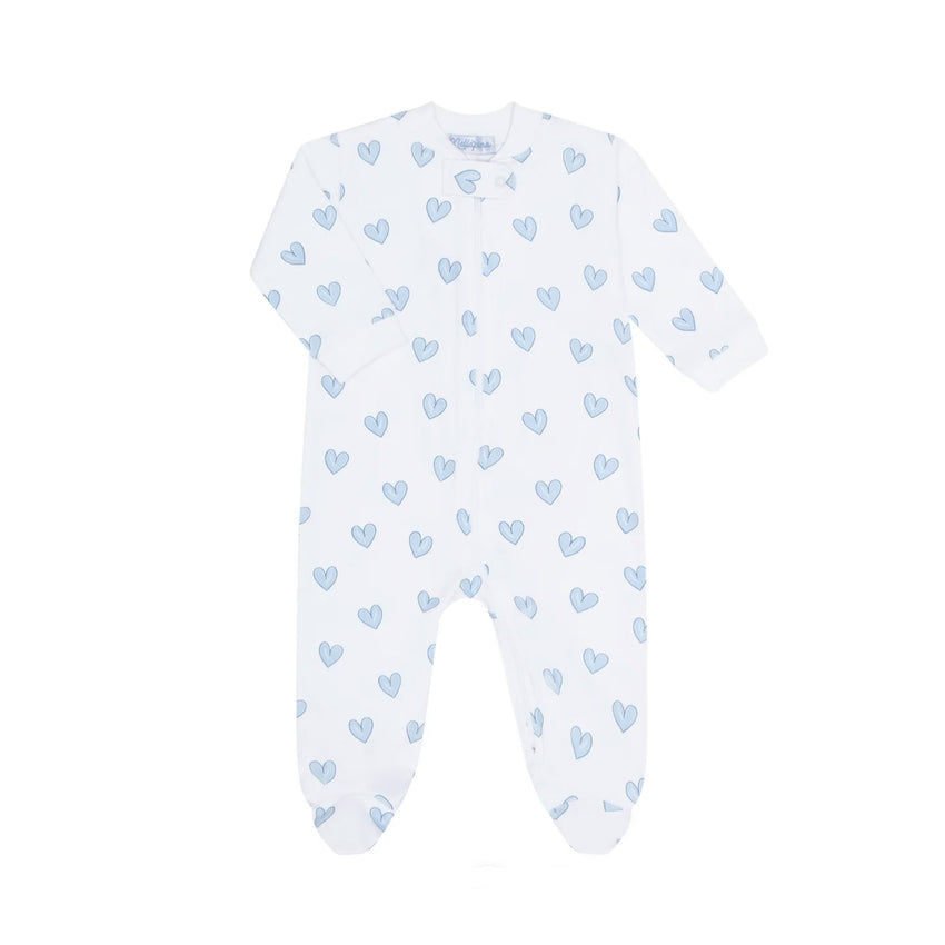 Blue Heart Print Zipper Footie