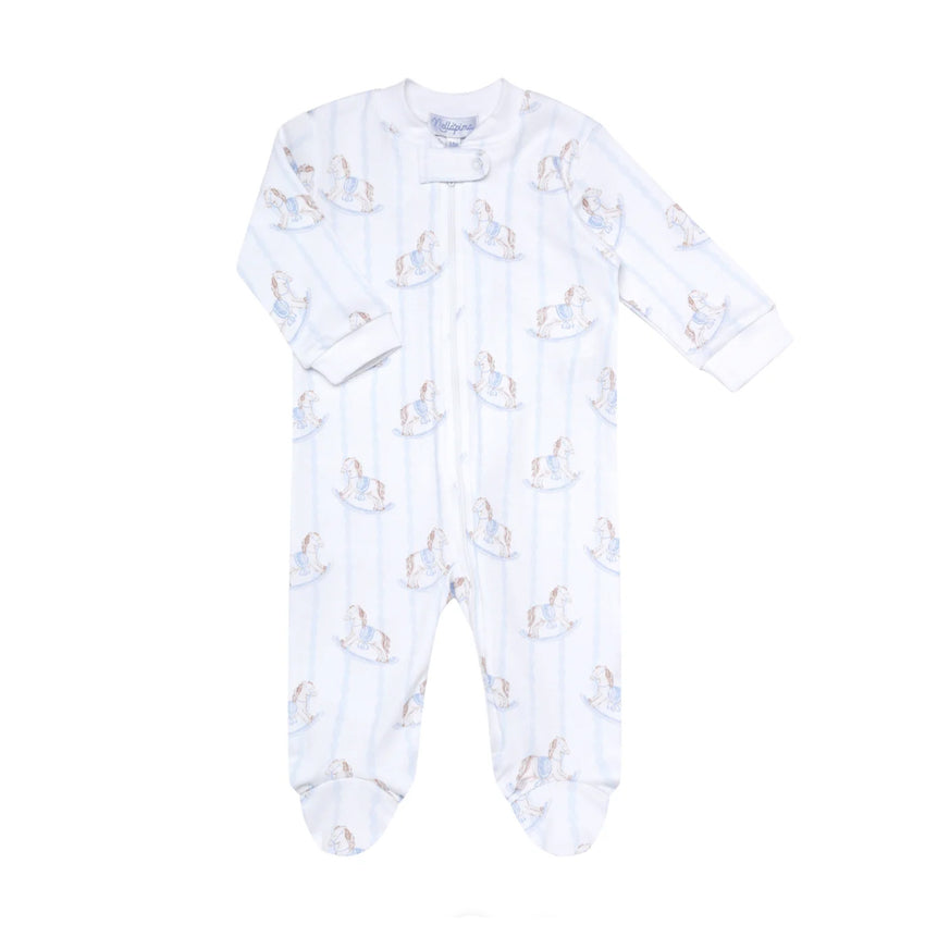 Blue Rocking Horse Zipper Footie