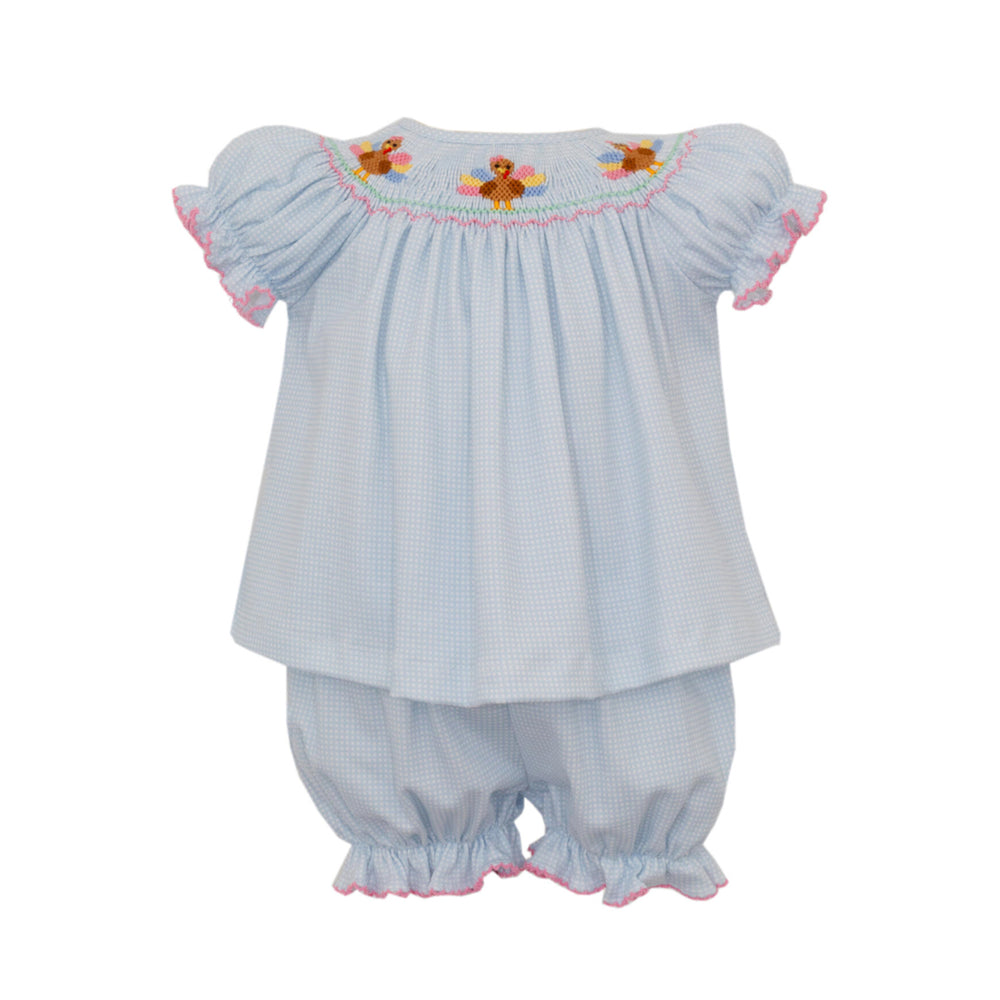 Smocked Turkey Light Blue Knit Bloomer Set