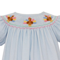 Smocked Turkey Light Blue Check Bishop Dress