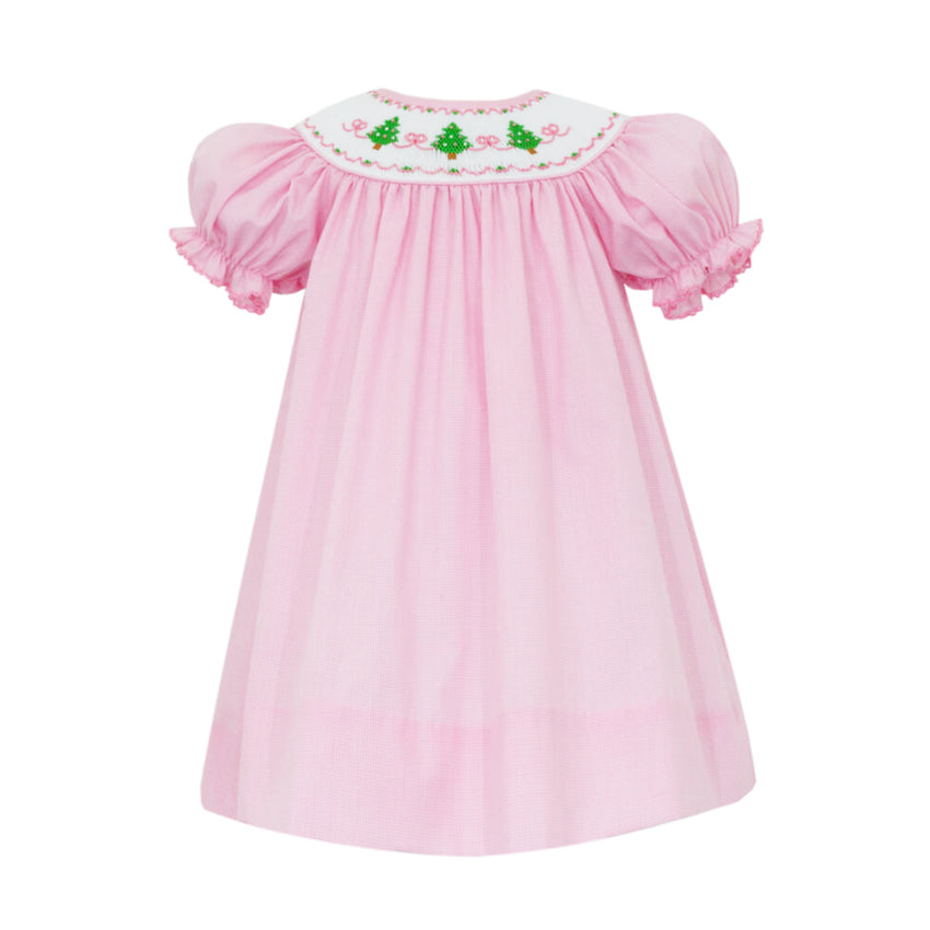 Pink Smocked Christmas Tree Bishop Dress