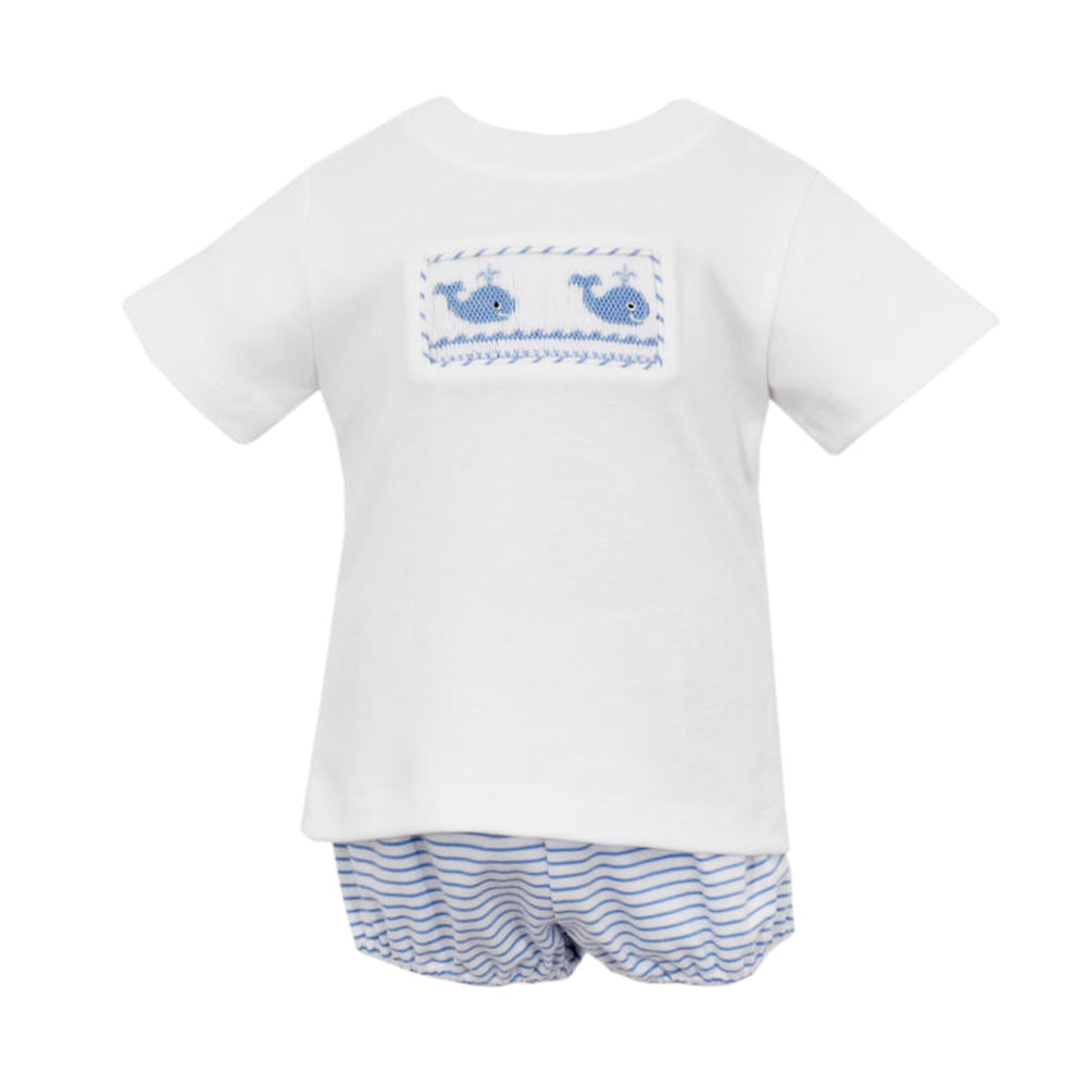 Light Blue Stripe Smocked Whale Short Set