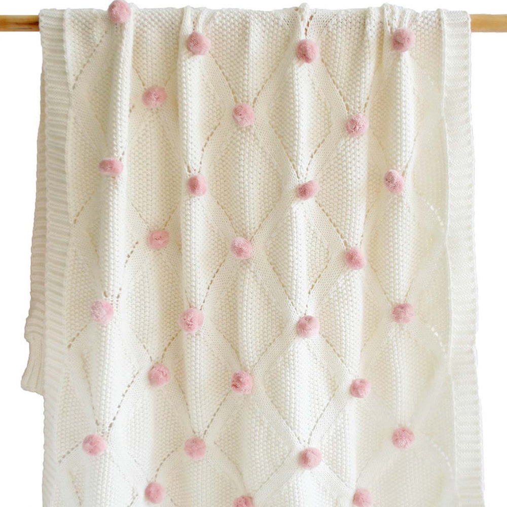 Pink Pom Poms Ivory Knit Blanket Peaches