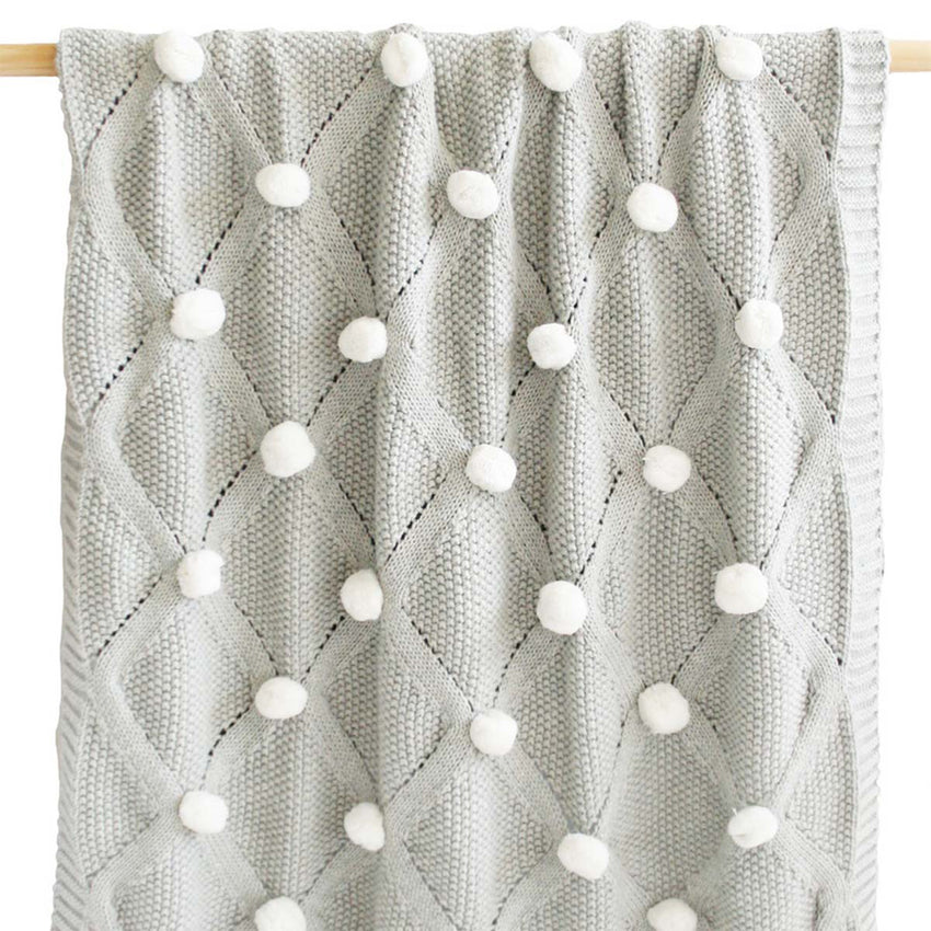 Ivory Pom Poms Grey Knit Blanket