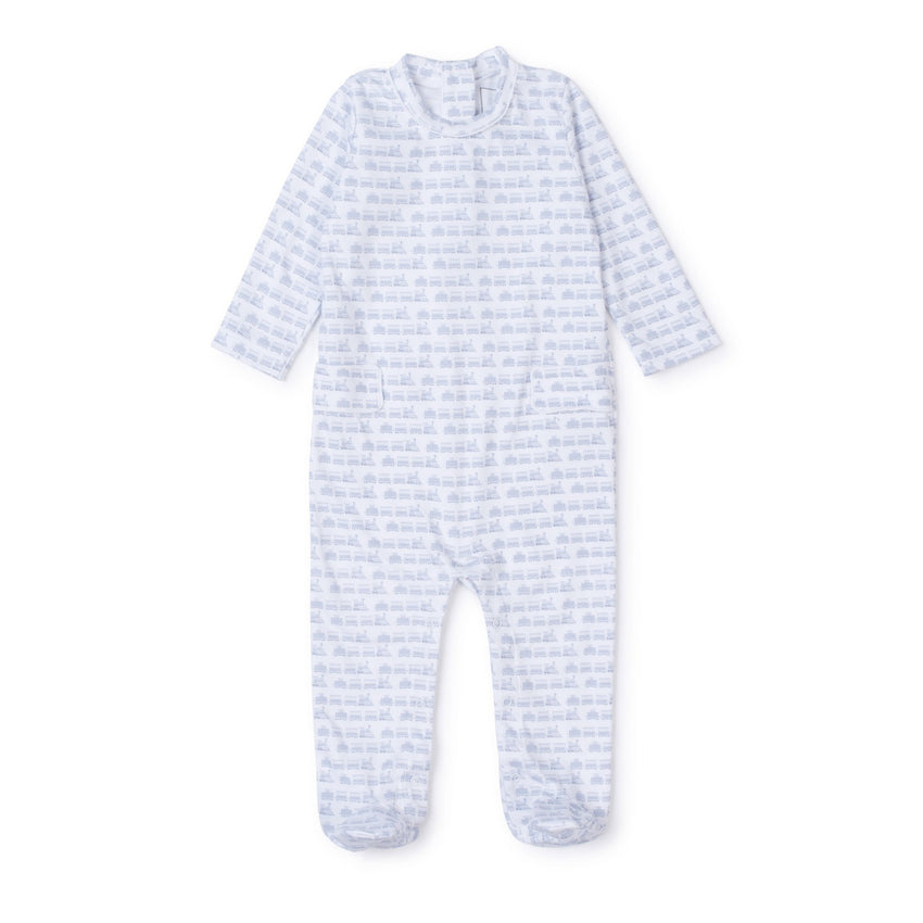 Preston Blue Train Footed Romper