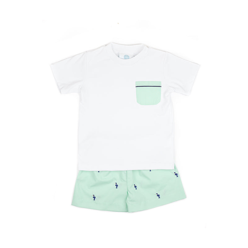 Mint and Navy Flamingo Short Set