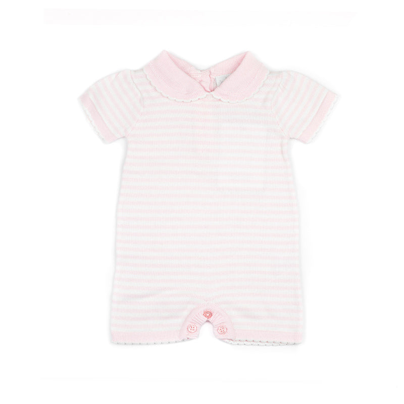 pink knit baby romper with scallop collar