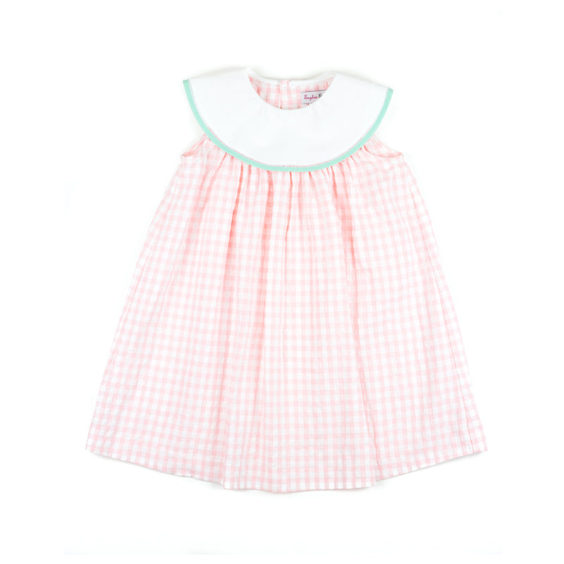 Pink Gingham Dress with Mint Trim